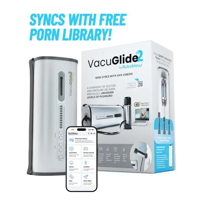 Autoblow Vacuglide 2 Vacuum device with packaging and smartphone app on a white background
