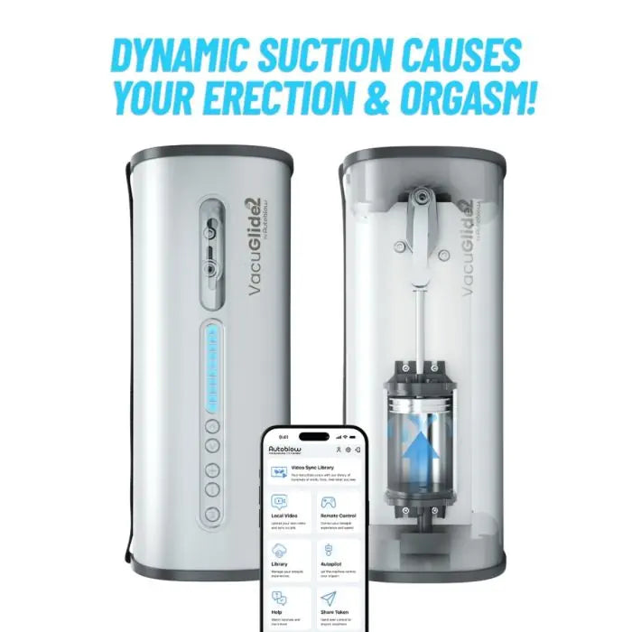 Autoblow Vacuglide 2 Vacuum device with app interface on a white background, featuring text about dynamic suction effects.