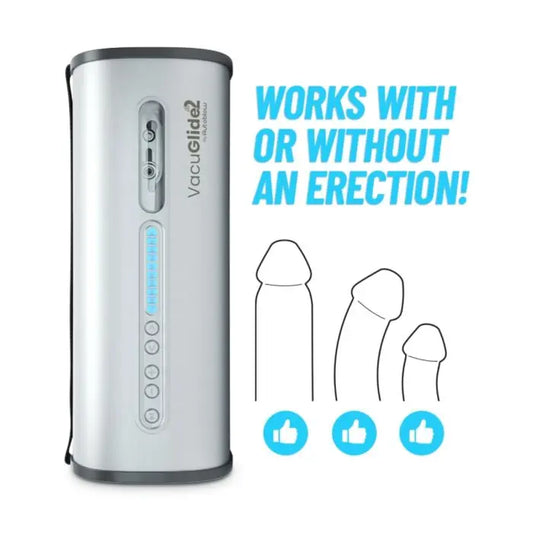 Autoblow Vacuglide 2 Vacuum device with text indicating compatibility without an erection, on a white background