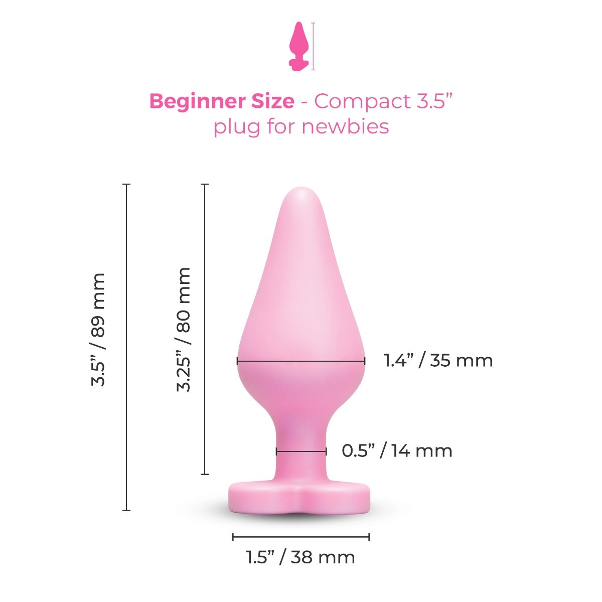 b-Vibe Butties b-Mine graphic showing dimensions and tapered design gentle insertion body-safe silicone
