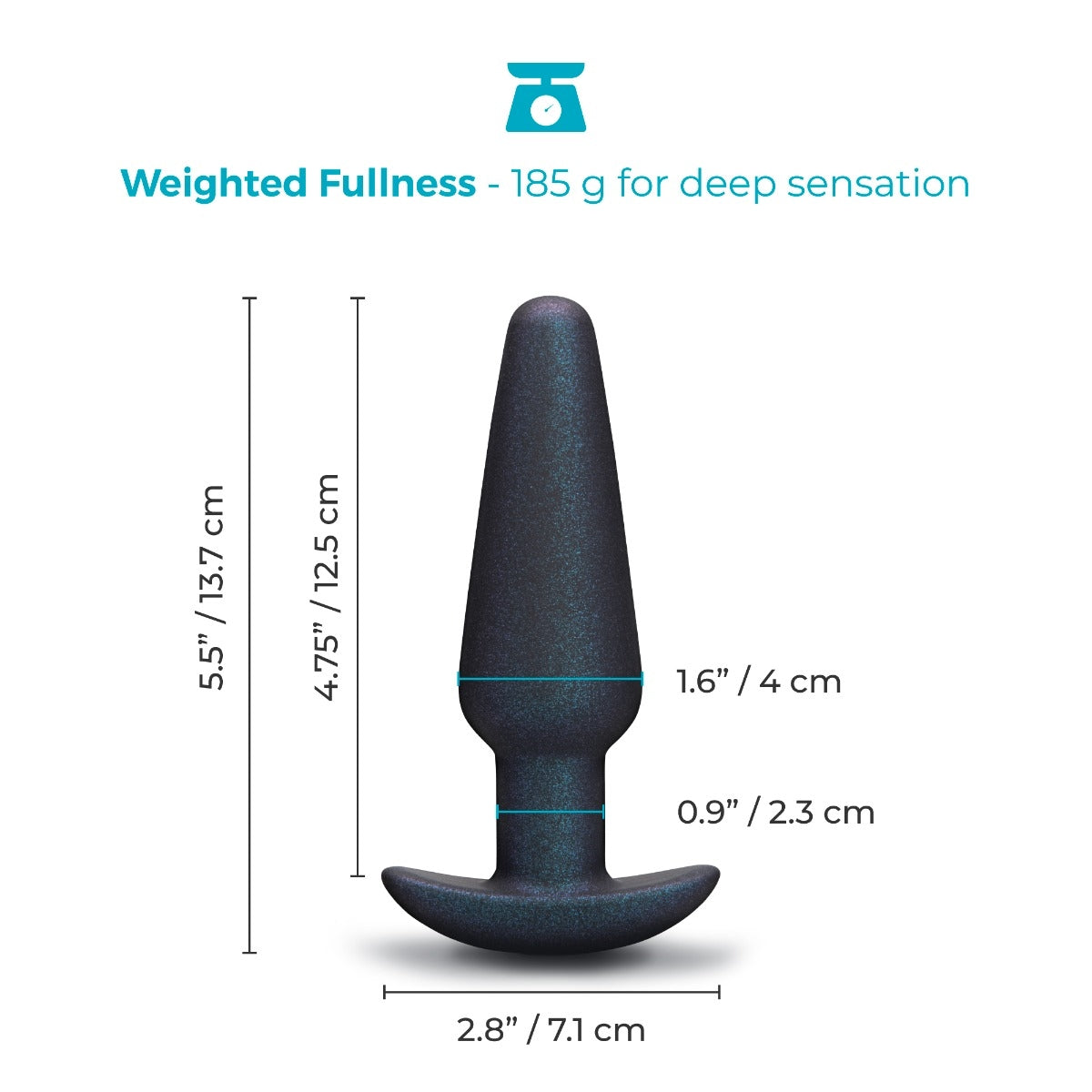 b-Vibe Hefty butt plug size chart showing weighted design two internal metal balls intense pressure fullness
