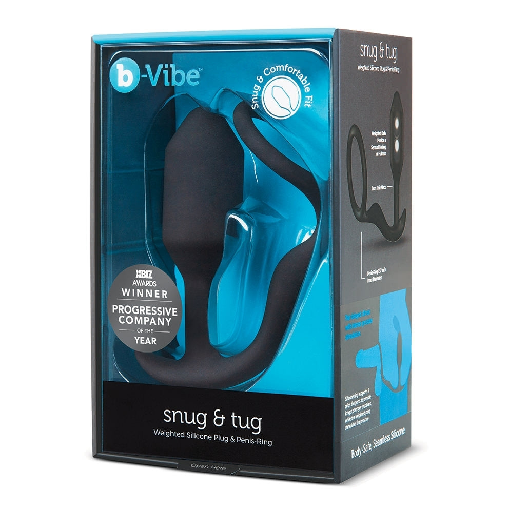 b-Vibe Snug and Tug Vibrating Weighted Butt Plug and Cock Ring Black (8182597288175)