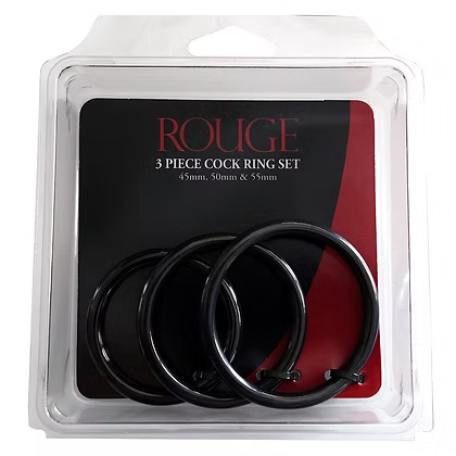 Rouge black stainless steel cock rings packaging showing smooth seamless finish thin profile comfortable
