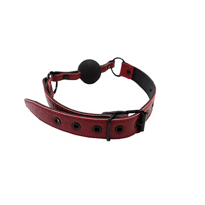 Leather ball gag burgundy close up adjustable buckle solid rubber ball BDSM bondage
