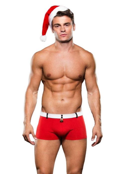 Envy Santa Trunks and Hat on sexy model with bell on waistband.