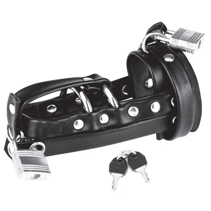 Blue Line Gimp Cock Locking Chastity Sheath package contents