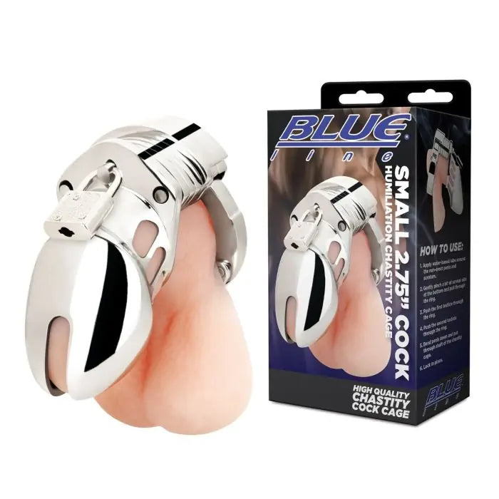 Blue Line Small Cock Humiliation Chastity Cage 2.75" side by side with packaging