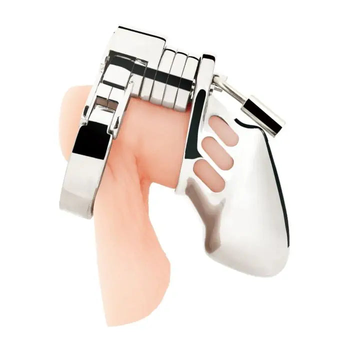 Blue Line Small Cock Humiliation Chastity Cage 2.75" side view displayed on manequin
