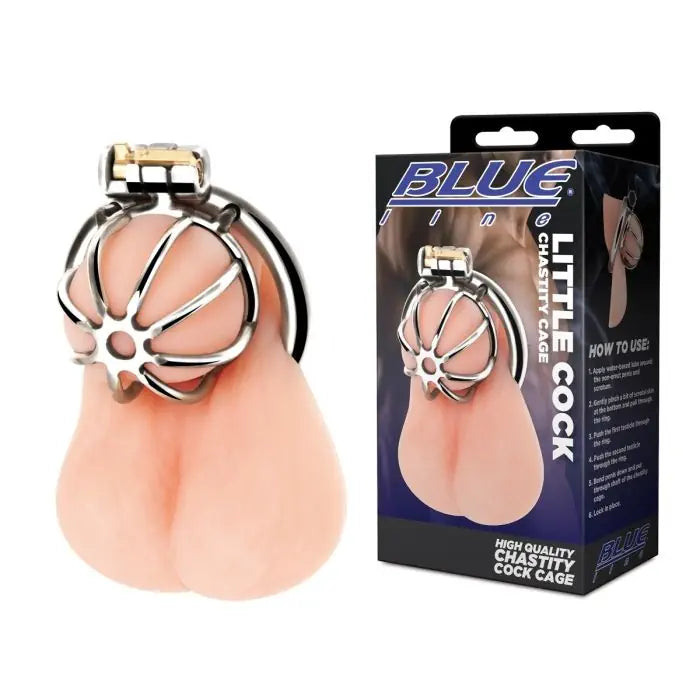 Blueline Little Cock Chastity Cage side by side with packaging