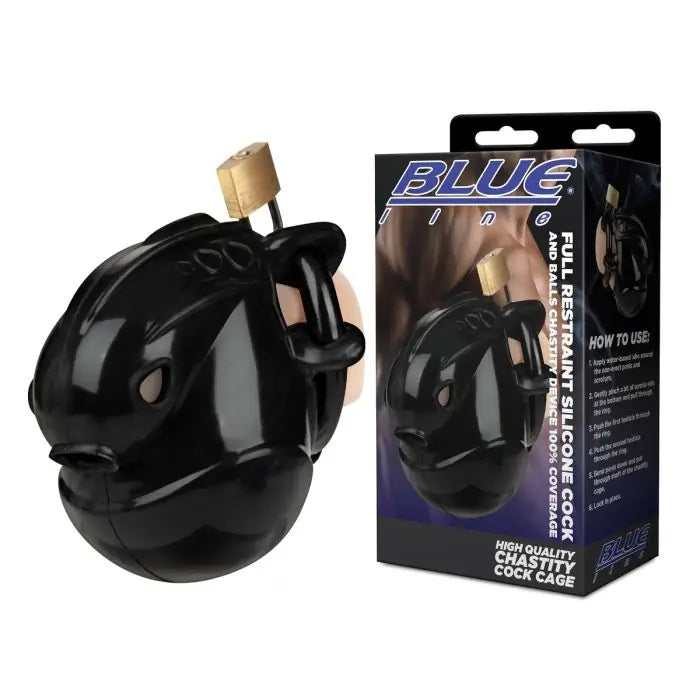 Blueline Full Restraint Silicone Cock And Balls Chastity Device on display model with packaging side by side