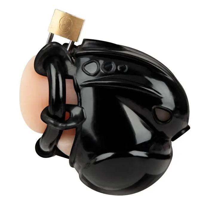 Blueline Full Restraint Silicone Cock And Balls Chastity Device side view on display model