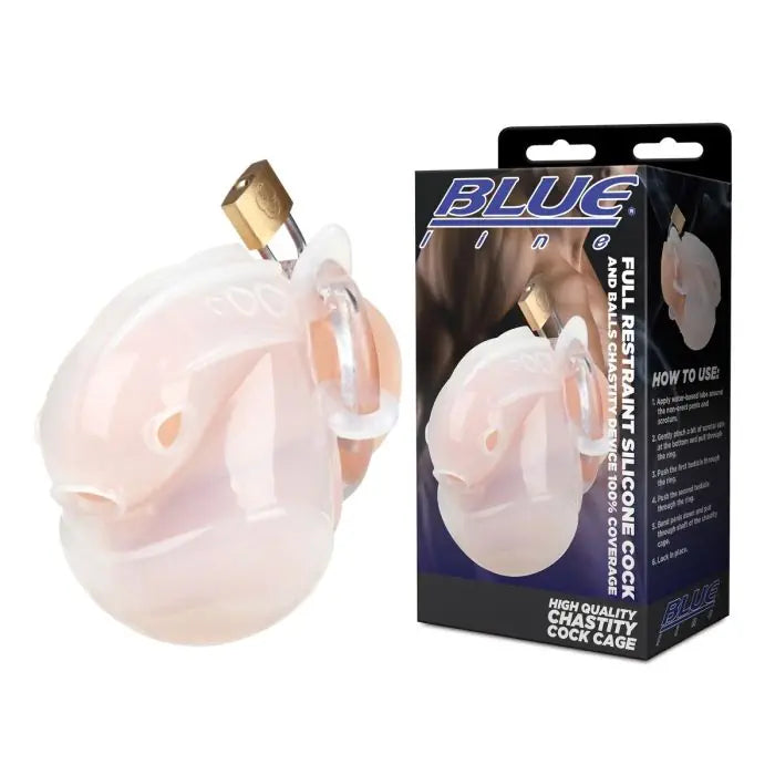 Blueline Full Restraint Silicone Cock And Balls Chastity Device White side by side with packaging
