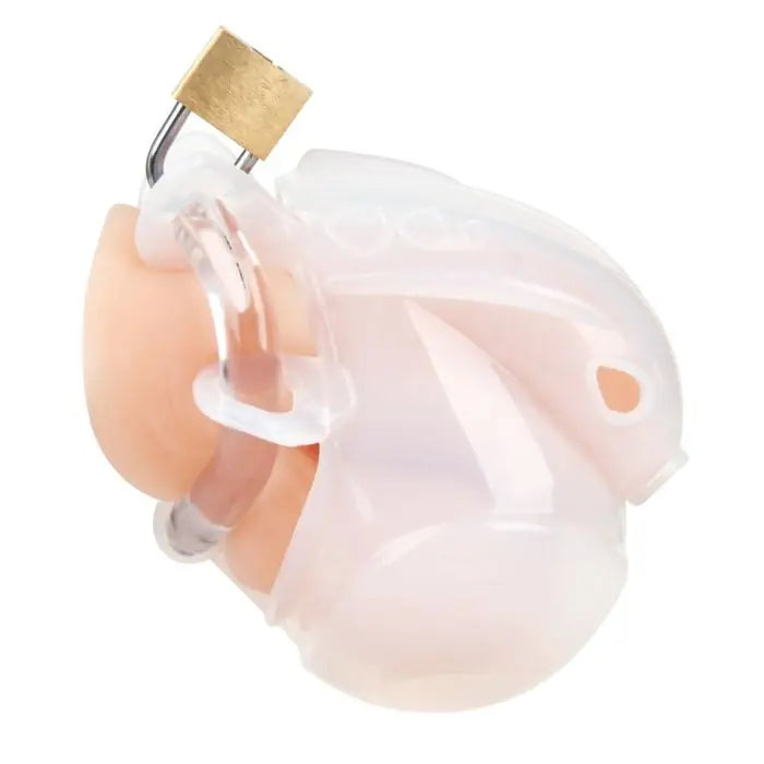 Blueline Full Restraint Silicone Cock And Balls Chastity Device White side view on display model