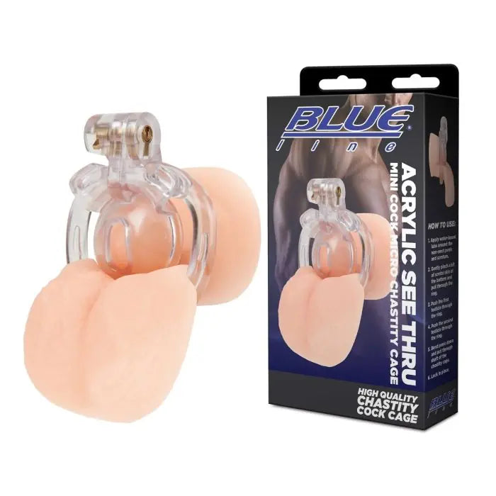 Blueline Acrylic See Thru Mini Cock Micro Chastity Cage with packaging side by side