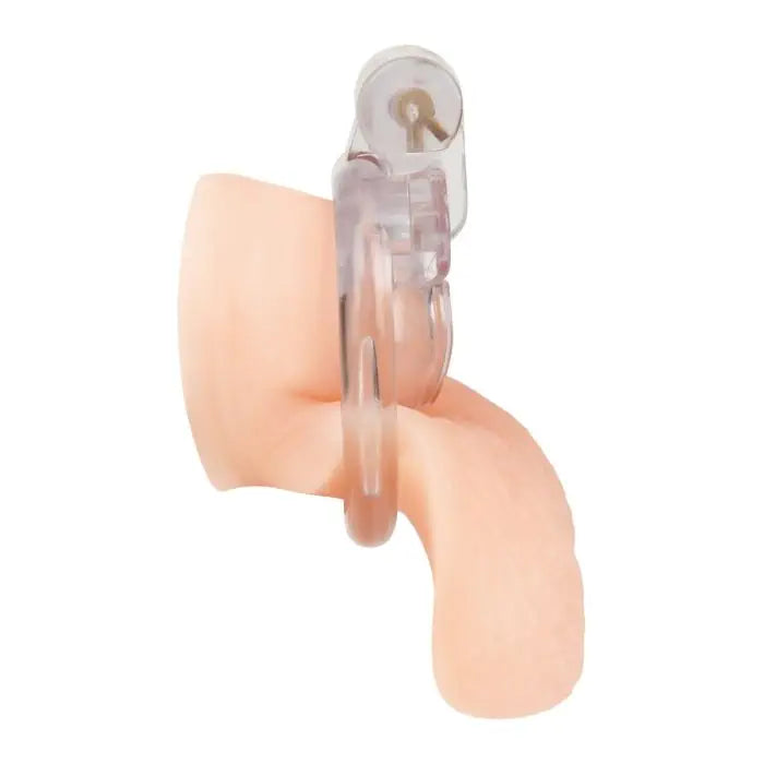Blueline Acrylic See Thru Mini Cock Micro Chastity Cage side view on display toy