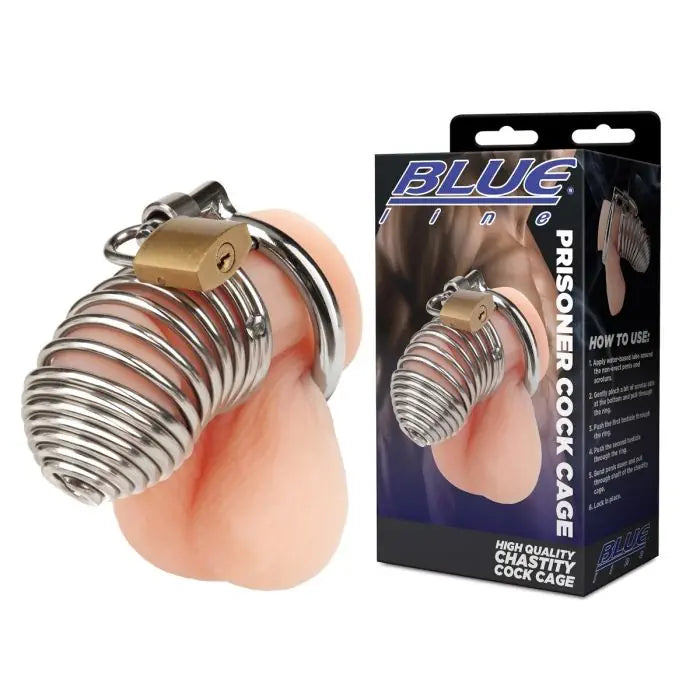 Blue Line Prisoner Cock Cage with packaging side by side.