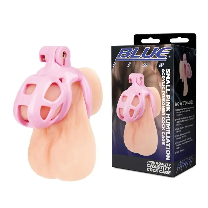 Blue Line Small Pink Humiliation Acrylic Prisoner Cock Cage on model with packaging side by side