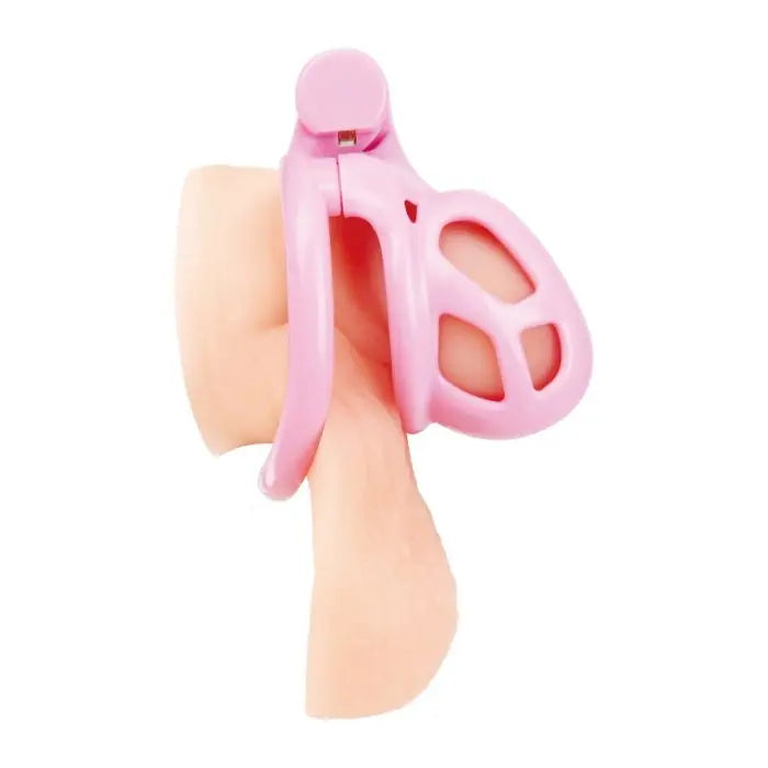 Blue Line Small Pink Humiliation Acrylic Prisoner Cock Cage side view on model