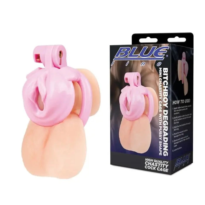 Blue Line Bitchboy Degrading Mini Chastity Cage with Pussy Shape side by side with packaging