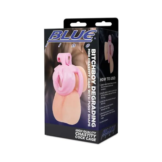 Blue Line Bitchboy Degrading Mini Chastity Cage with Pussy Shape packaging