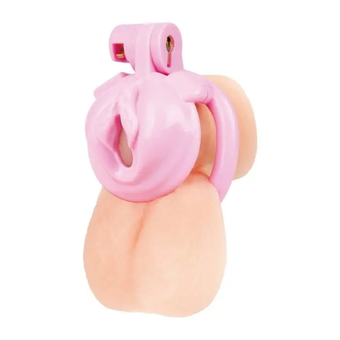 Blue Line Bitchboy Degrading Mini Chastity Cage with Pussy Shape on dummy