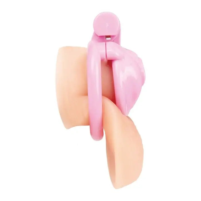 Blue Line Bitchboy Degrading Mini Chastity Cage with Pussy Shape side view on model