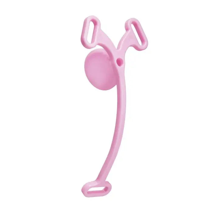 Blueline Piss-Thru Flying V pink silicone no nub feminizer device side angle view