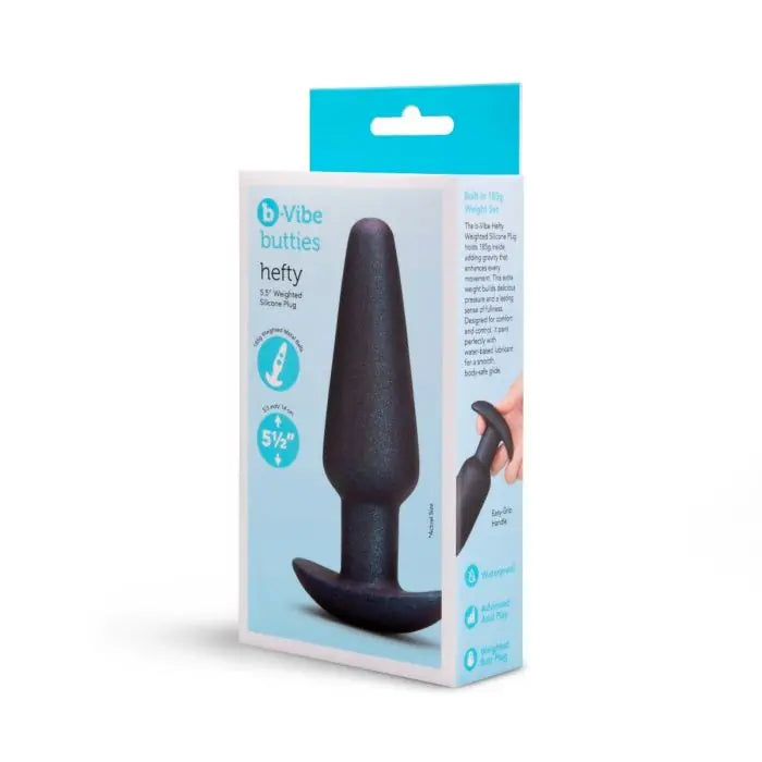 b-Vibe Hefty weighted plug close up of packaging showing flared base safe secure wear extended use
