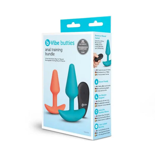 b-Vibe Butties training set close up of packaging showing body-safe silicone sex educator designed progressive
