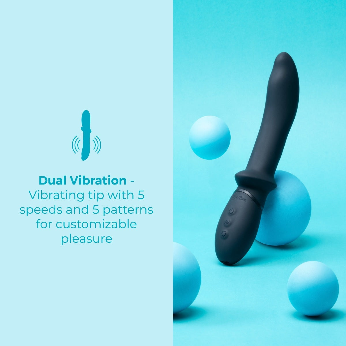 b-Vibe Rimming P-Spot Vibe Prostate Massager showing dual vibrations with 5 speeds and 5 patterns