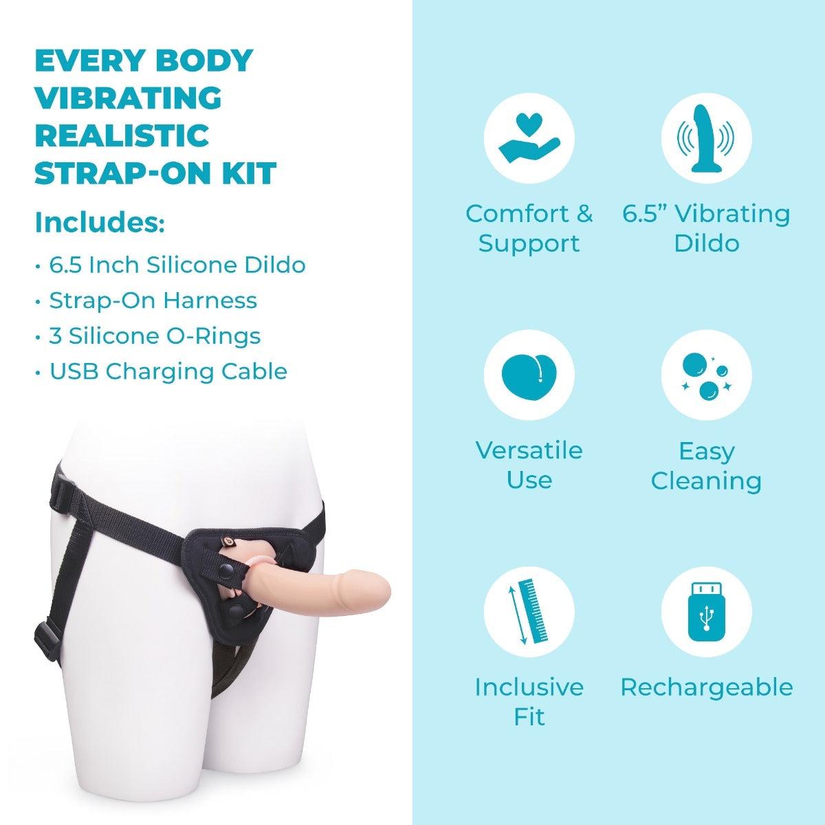 b-Vibe Every Body Vibrating Realistic Strap On Kit key features graphic