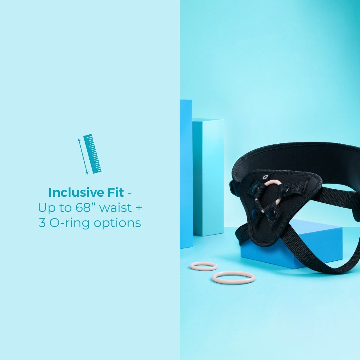 b-Vibe Every Body Vibrating Realistic Strap On Kit graphic showing 68 inch waist compatible