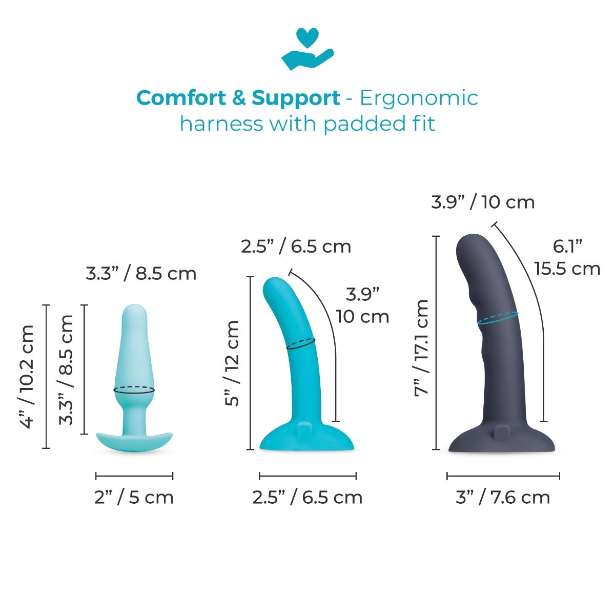 b-Vibe Strap-It-On size chart showing 4 inch beginner plug 5 inch dildo 7 inch vibrating dildo

