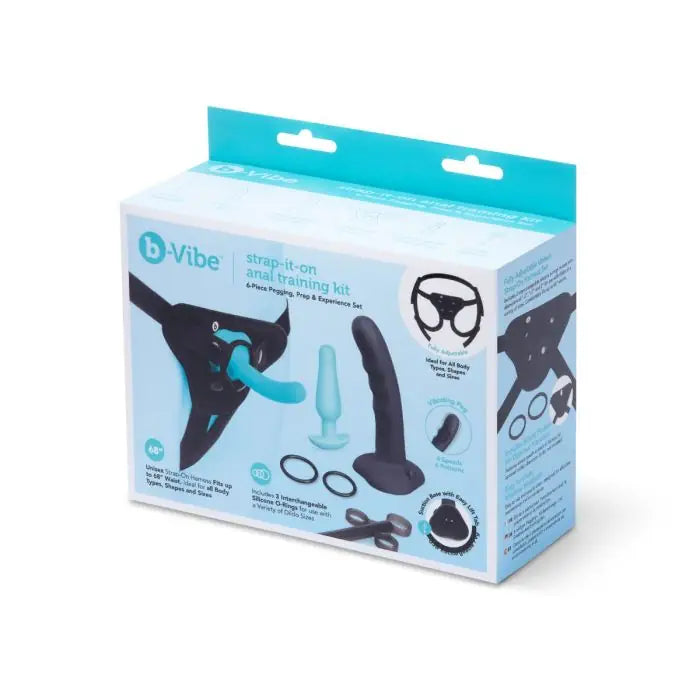 b-Vibe Strap-It-On kit close up of packaging showing ergonomic harness fits 68 inch waist comfortable
