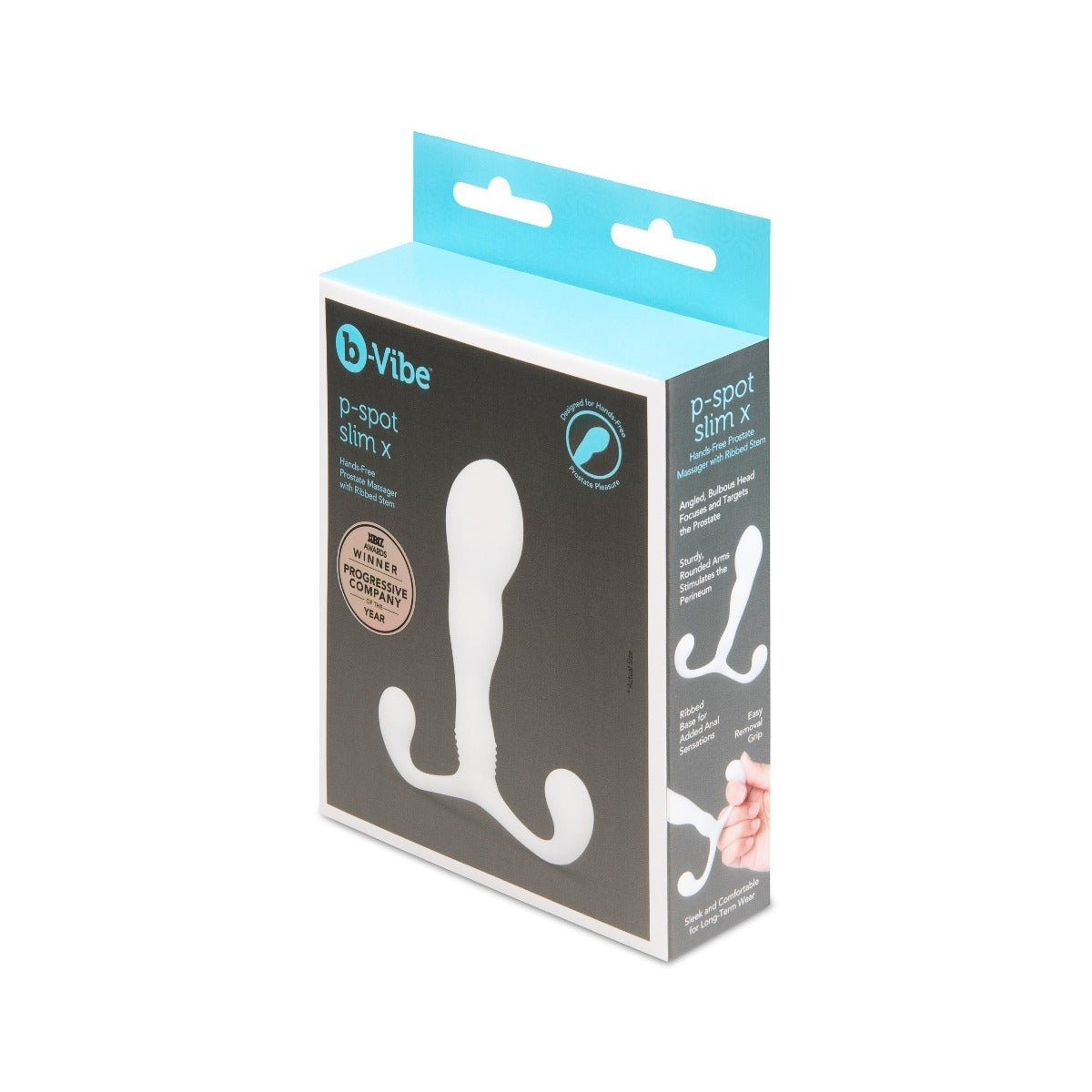 b-Vibe Slim X Prostate Massager With Ribbed Stem packaging front and side