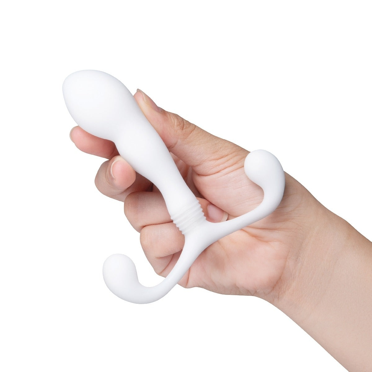 Hand holding b-Vibe Slim X Prostate Massager With Ribbed Stem