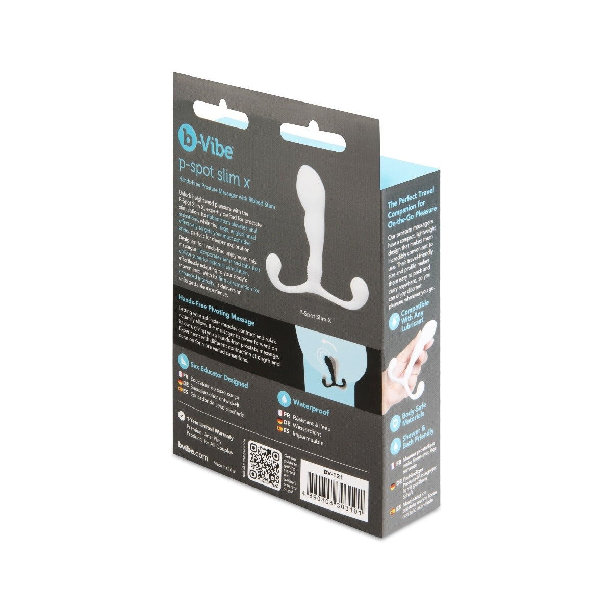 b-Vibe Slim X Prostate Massager With Ribbed Stem packaging rear and side