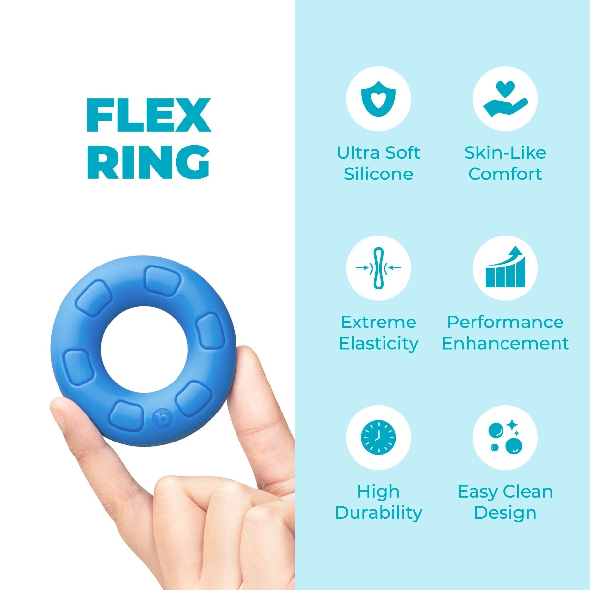 Feature graphic for b-Vibe Flex Ring Ultra-Soft Silicone Cock Ring – Blue