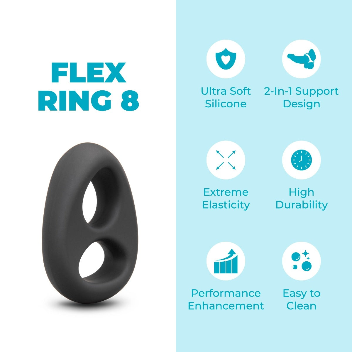 Graphic explaining features of b-Vibe Flex Ring 8 Silicone Cock & Ball Ring – Black