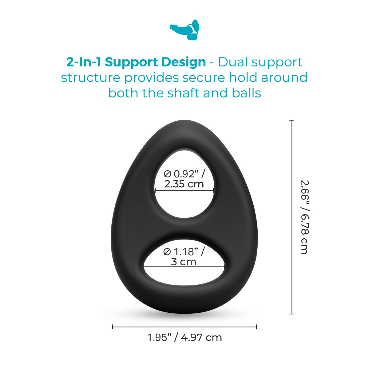 Graphic showing dimensions of b-Vibe Flex Ring 8 Silicone Cock & Ball Ring – Black