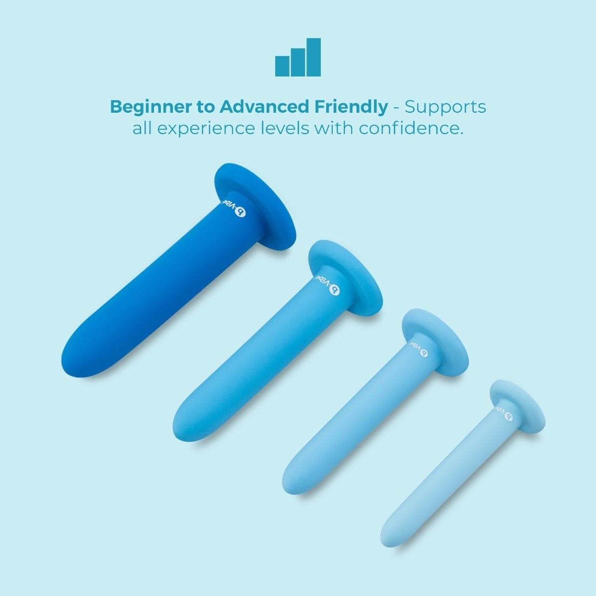 Graphic of b-Vibe Anal Training 4 Piece Silicone Plug Set showing the graduated sizes