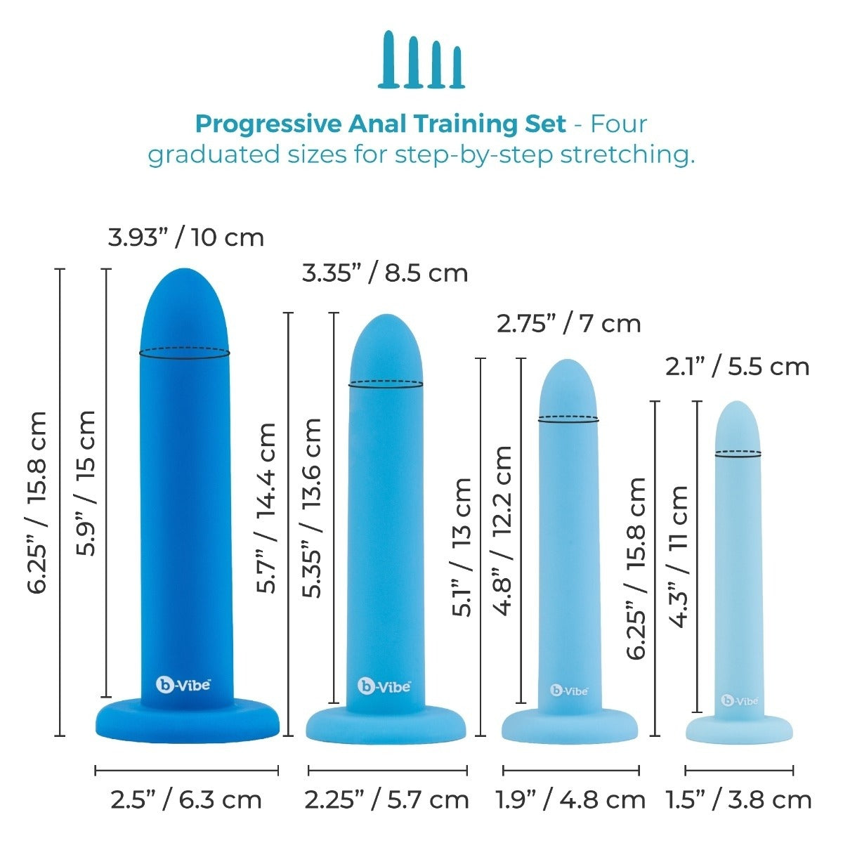b-Vibe Anal Training 4 Piece Silicone Plug Set dimensions graphic