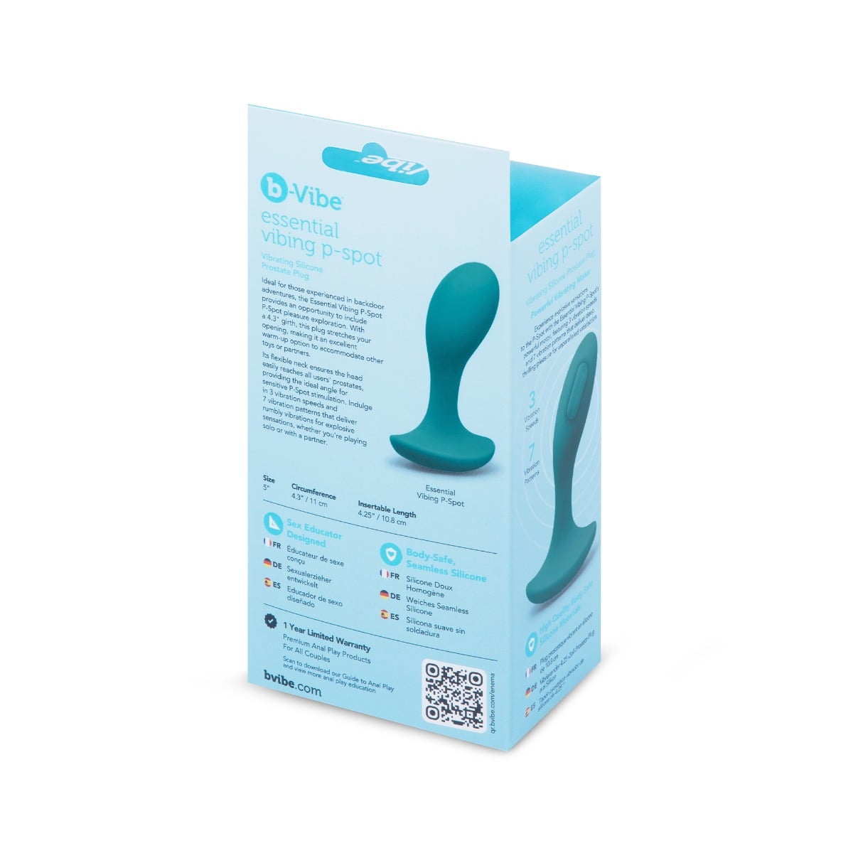 b-Vibe essential vibing p-spot Vibrating Silicone Prostate Plug packaging rear and side