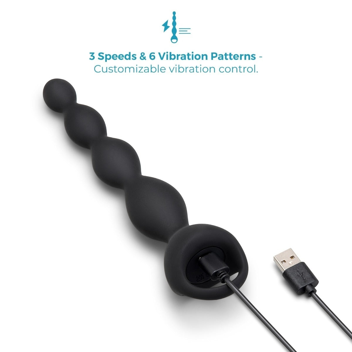 Graphic of b-Vibe 6.5inch Tapered Vibrating Silicone Anal Beads showing customisable vibration control and USB cable