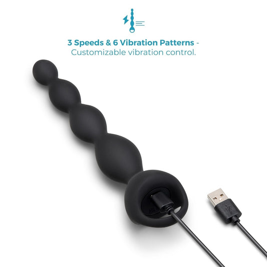 Graphic of b-Vibe 6.5inch Tapered Vibrating Silicone Anal Beads showing customisable vibration control and USB cable