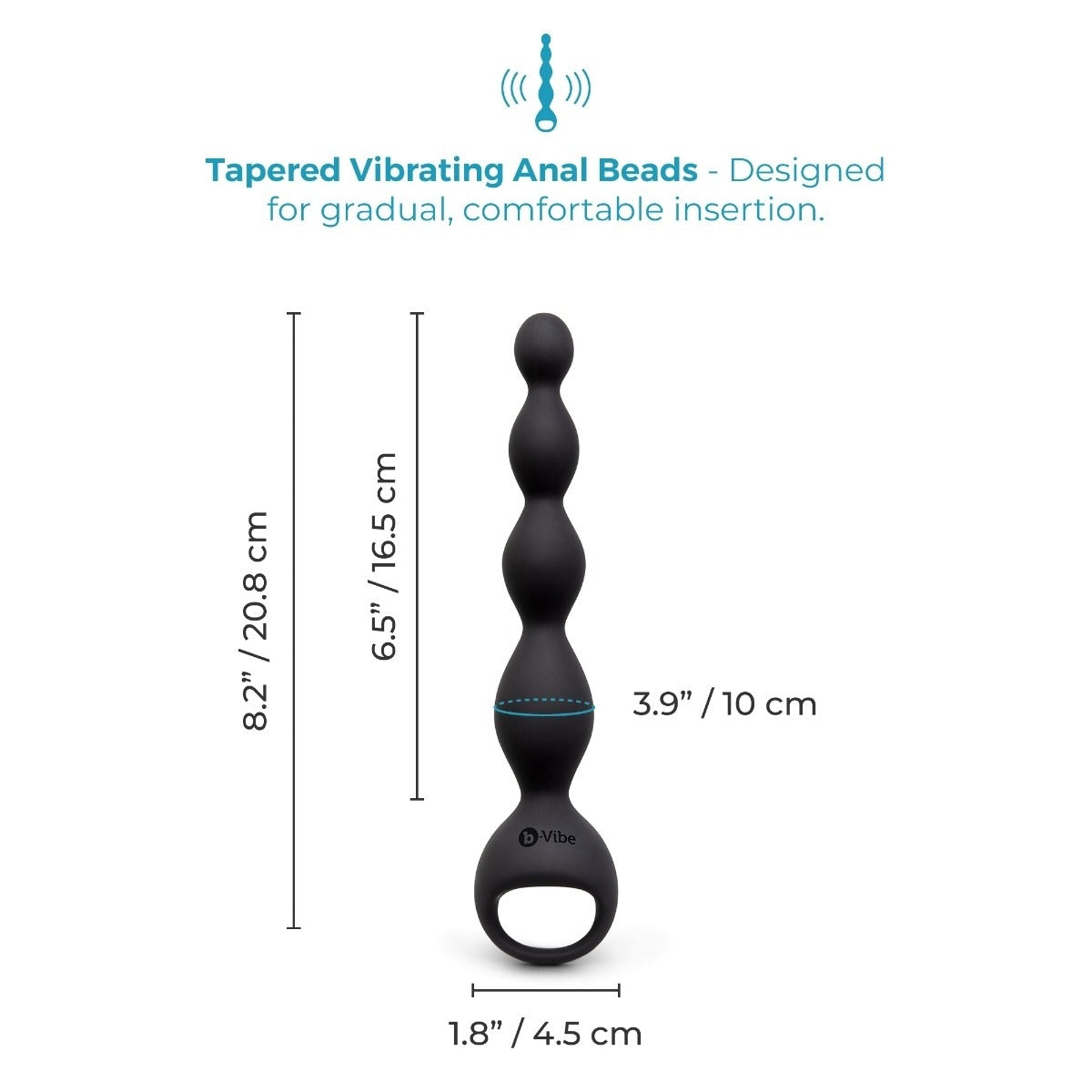 b-Vibe 6.5inch Tapered Vibrating Silicone Anal Beads dimensions