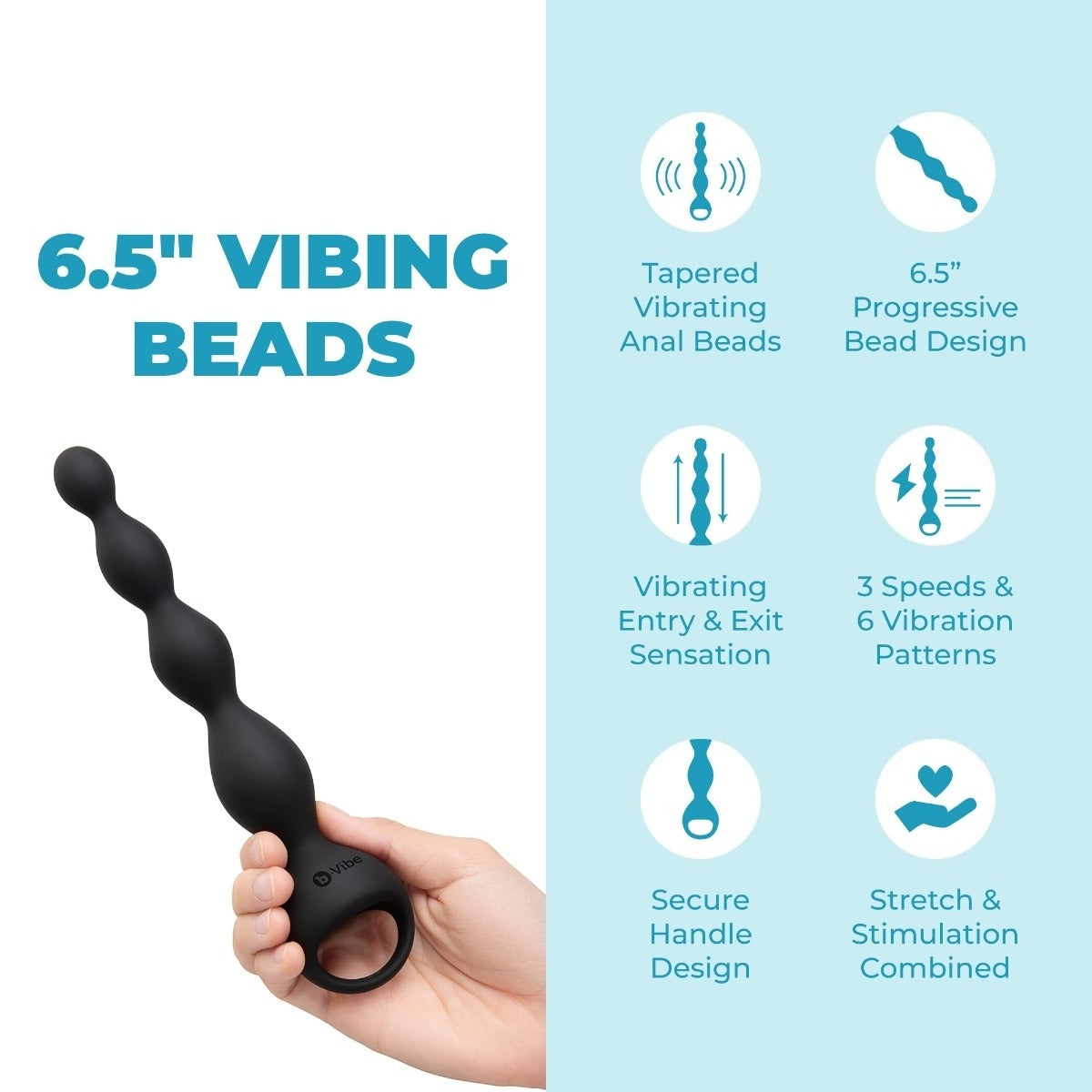 b-Vibe 6.5inch Tapered Vibrating Silicone Anal Beads graphic showing progressive beads, vibration patterns and secure handle
