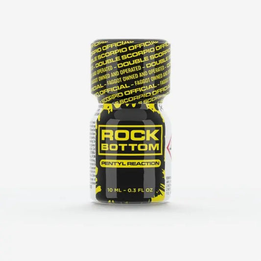 A small bottle of Rock Bottom Pentyl Reaction poppers 10 ml (0.3 fl oz), featuring a black and yellow label with a matching yellow-and-black patterned cap, set against a plain white background.