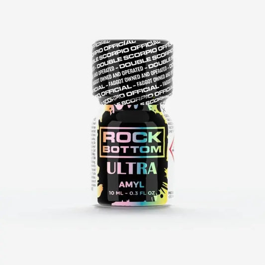 A small bottle of Rock Bottom Ultra Amyl poppers on a clean white background. The bottle is black with a colorful rainbow gradient label and a black cap printed with 'DOUBLE SCORPIO OFFICIAL'.
