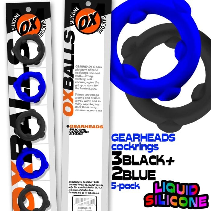 Oxballs Gearheads cockrings packaging with blue and black rings on a white background